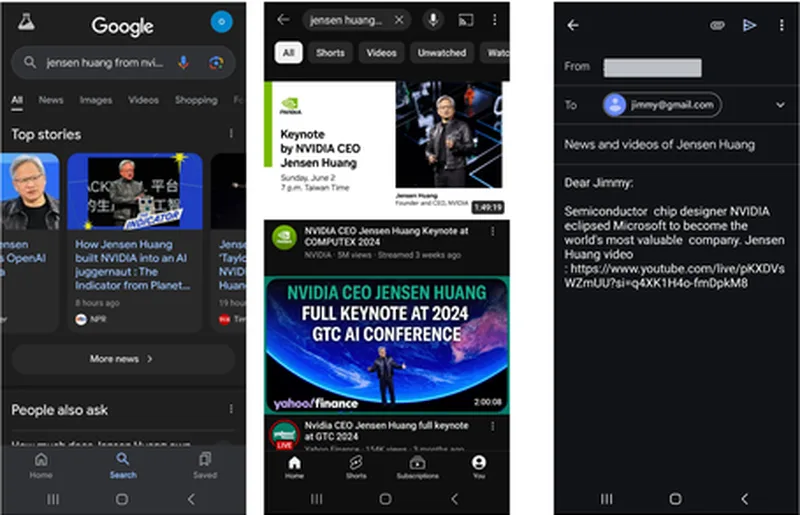 Octo-Planner decomposing a user request into web search, video search, and email actions on a phone